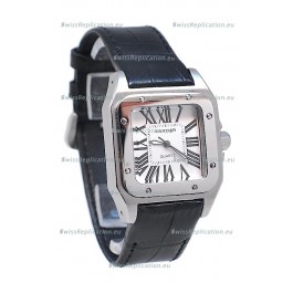 Cartier Santos 100 Japanese Ladies Replica Watch in Black Leather Strap