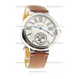 Ballon Bleu De Cartier flying Tourbillon Japanese Replica Steel Watch in Brown Strap