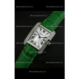Cartier Louis Japanese Replica Ladies Diamond Watch in Green Strap