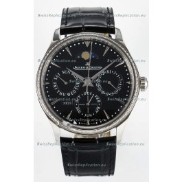 Jaeger LeCoultre Super Clone Master Ultra-Thin Perpetual Calendar Black Dial Diamonds Watch