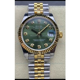 Rolex Datejust 31MM Swiss Watch in 904L Steel Two Tone Yellow Green Dial 1:1 Mirror Replica