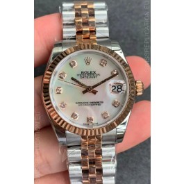 Rolex Datejust 31MM ETA-2671 Movement Swiss Replica in 904L Two Tone Rose Gold in Pearl Dial