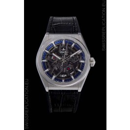 Zenith Defy Classic Skeleton 41 mm Titanium Men's Swiss Replica Watch - Black Leather Strap