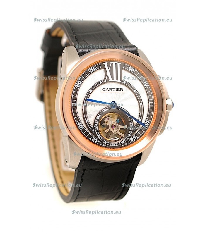 Calibre de Cartier Flying Tourbillon Japanese Replica Rose Gold Watch 