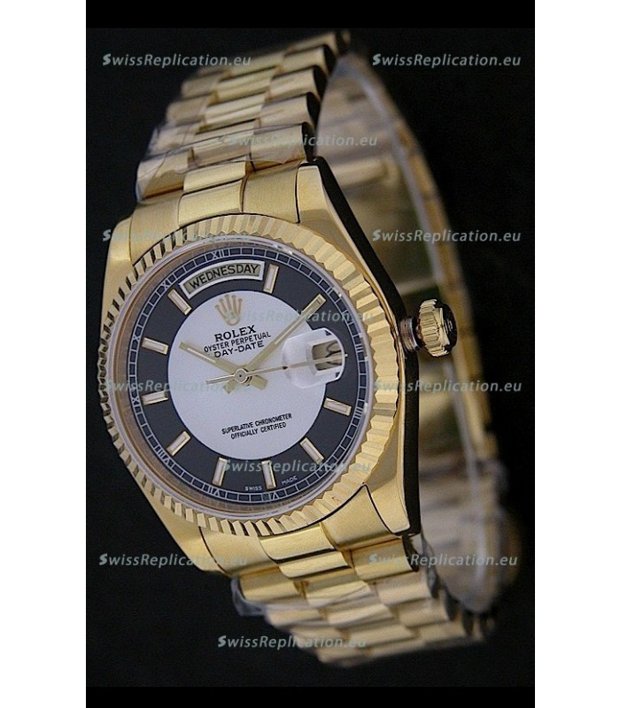 Rolex Day Date Just Japanese Replica Yellow Gold Watch in Black & White Dial