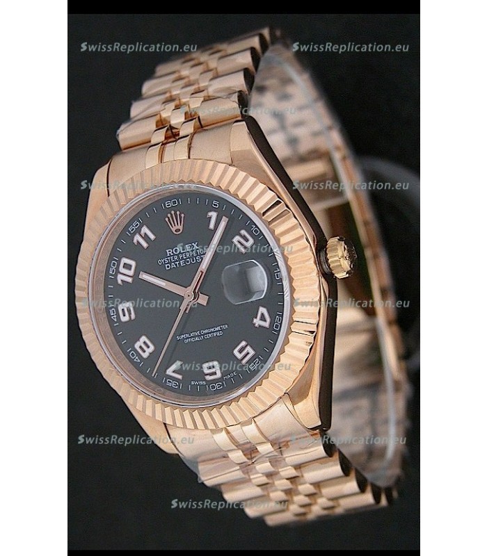 Rolex Datejust Swiss Replica Rose Gold Watch in Black Dial