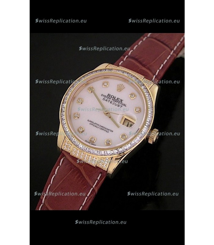 Rolex DateJust Swiss Mens Replica Yellow Gold Watch in White Mother of Pearl Dial