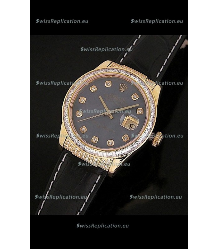 Rolex DateJust Swiss Mens Replica Yellow Gold Watch in Black Mother of Pearl Dial