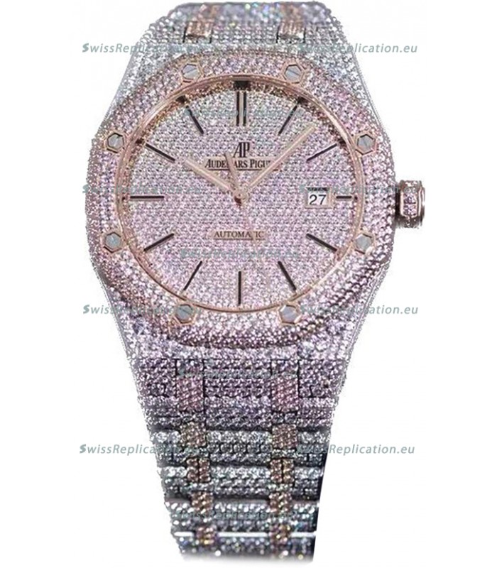 Audemars Piguet Royal Oak 15400 Iced Out Stick Markers Dial in Two Tone Rose Gold Casing Swiss Replica Watch