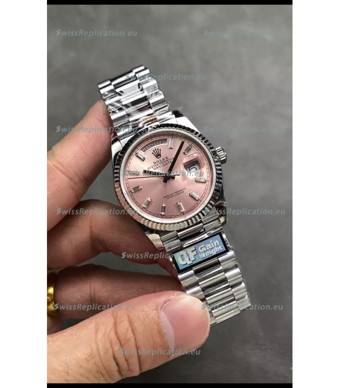 Rolex Day Date Super Clone Stainless Steel Pink Dial Crystal Numerals Watch 36MM - 1:1 Mirror Quality