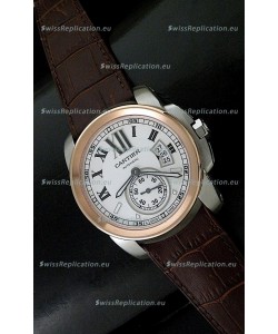 Cartier Calibre de Japanese Replica Steel Watch in Brown Leather Strap