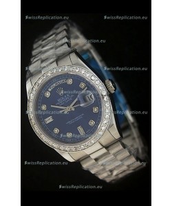 Rolex Day Date Just swiss Replica Blue Watch in Full Diamond Bezel