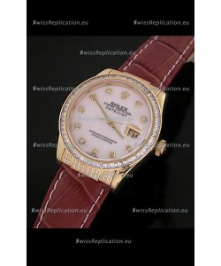 Rolex DateJust Swiss Mens Replica Yellow Gold Watch in White Mother of Pearl Dial