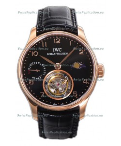 IWC Portugese Hand-Wound Genuine Tourbillon Black Dial Rose Gold Casing Swiss Replica Watch 