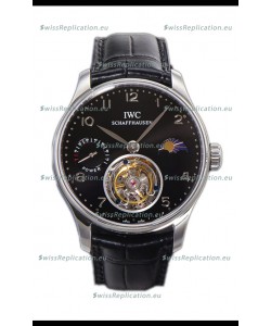 IWC Portugese Hand-Wound Genuine Tourbillon Black Dial Steel Casing Swiss Replica Watch 